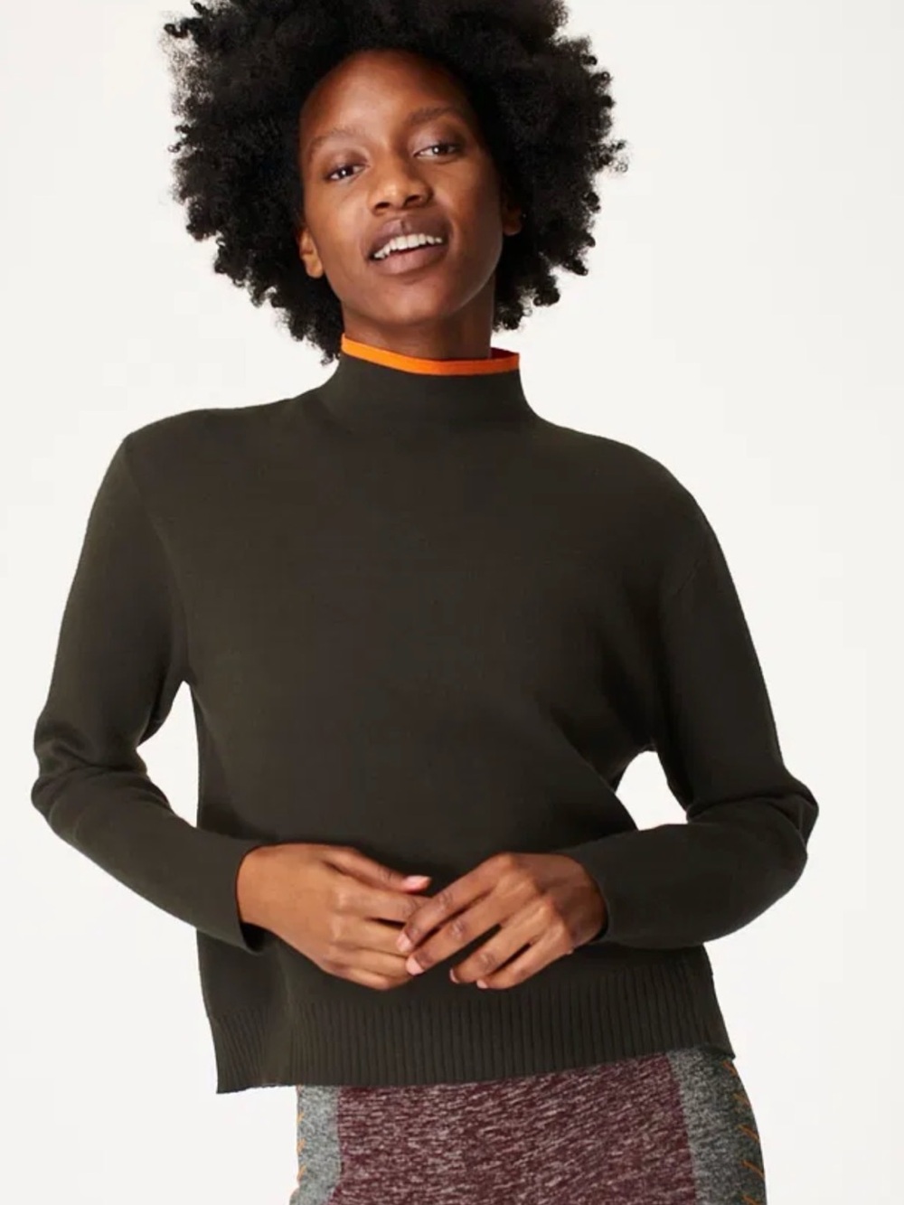 Sweaty Betty Olive Mock Neck Sweater with Orange Trim